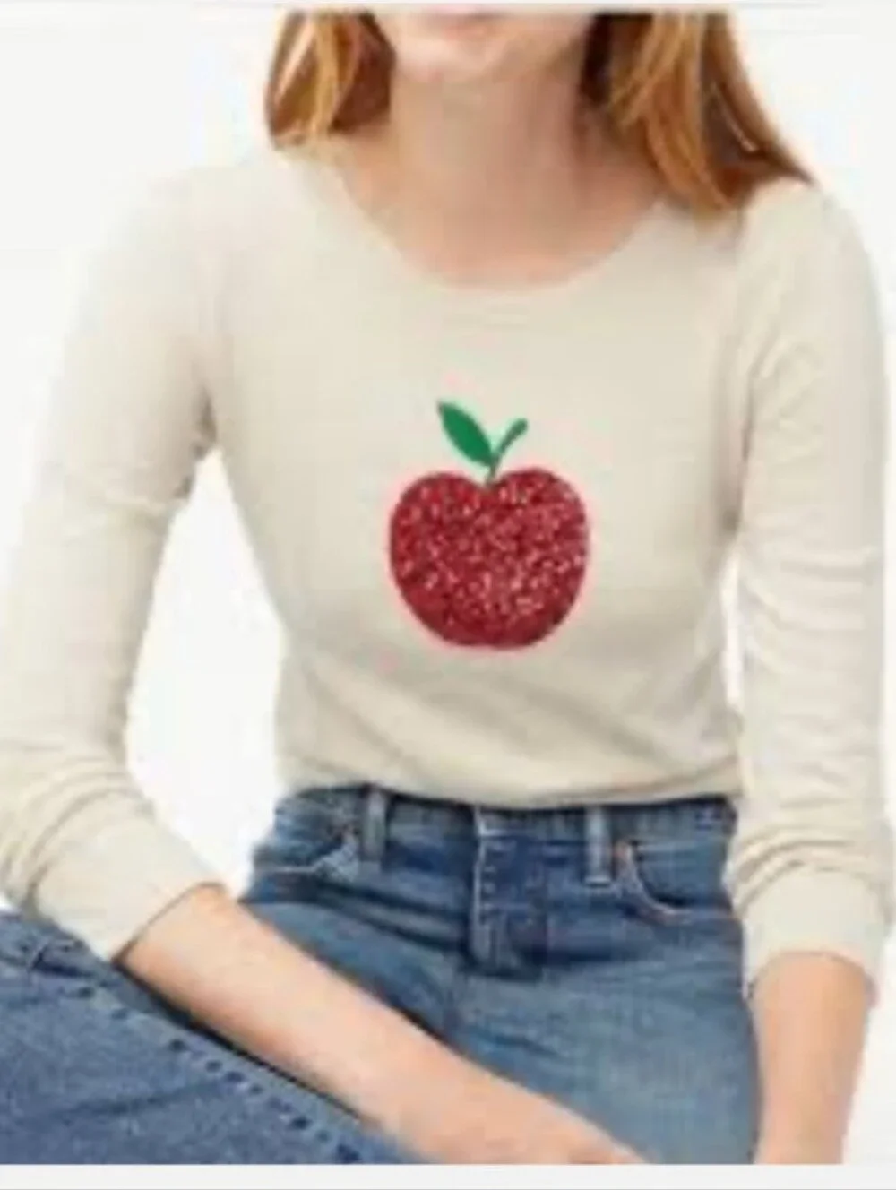 J. Crew Teddie Cotton Crewneck Sweater Red Sequin Apple Size Large EUC